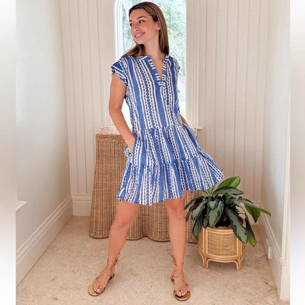 Oliphant Ziggy Blue and White Cotton Roll Sleeve Summer Dress Small - Picture 2 of 11